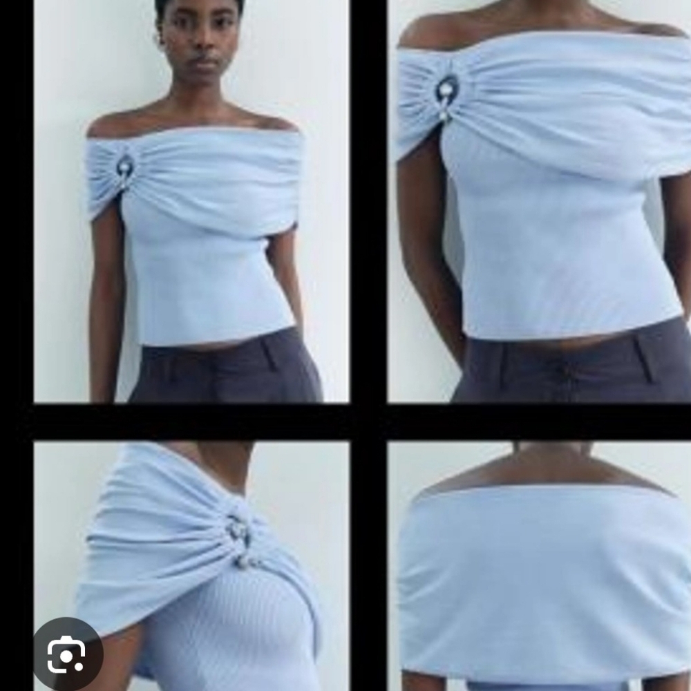 ZARA NWT Light Blue Off-Shoulder Top Size XS. - Picture 2 of 11